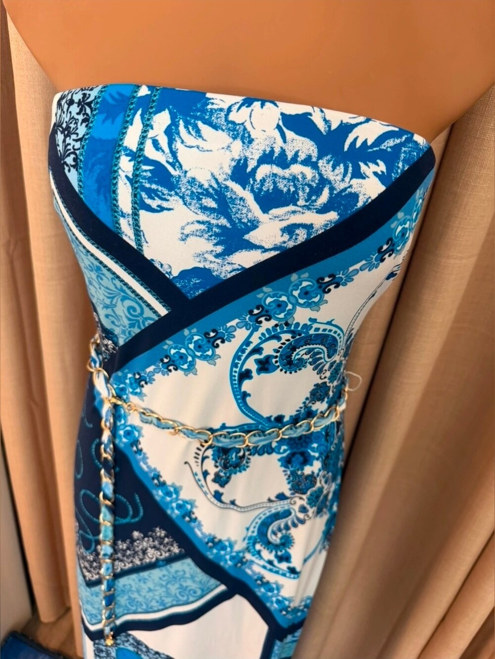 Cache RARE Strapless Blue & White Patchwork Maxi Dress Sz S - Picture 4 of 9